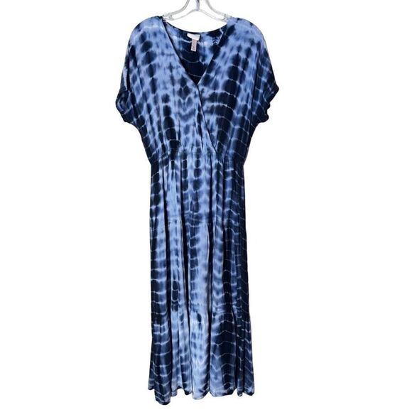 Knox Rose Tie Dye Surplice Maxi Dress in Navy Blue Kimono Sleeve Tiered Boho - Picture 1 of 11